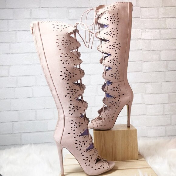 Shoe Dazzle Meggy Knee High Blush Pink Stiletto Laser Cut Peep Toe Boot Size 7 - Picture 2 of 4